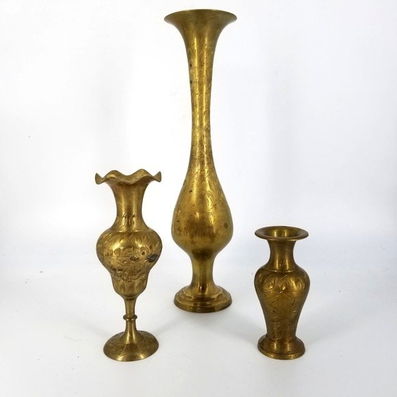 Vintage Brass Vase Flower Floral Three Etched India Home Decor 11.50" to 4.50"
